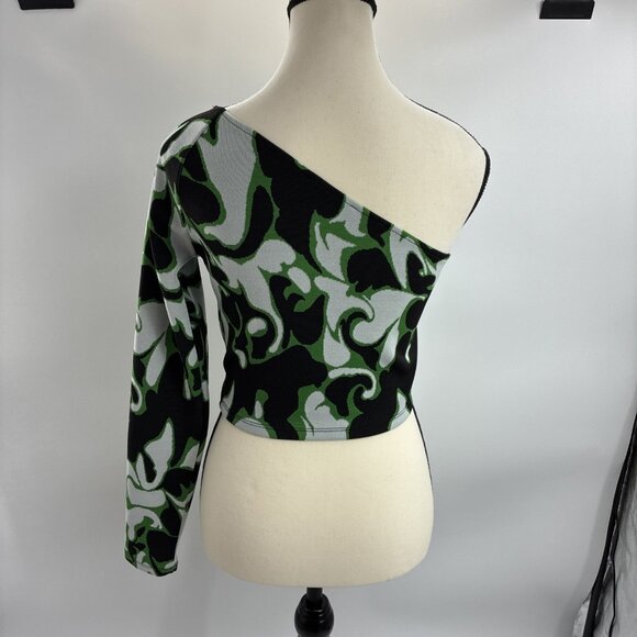 Zara Womens Size L One Shoulder Top Green Black Abstract Print Long Sleeve - Picture 4 of 6